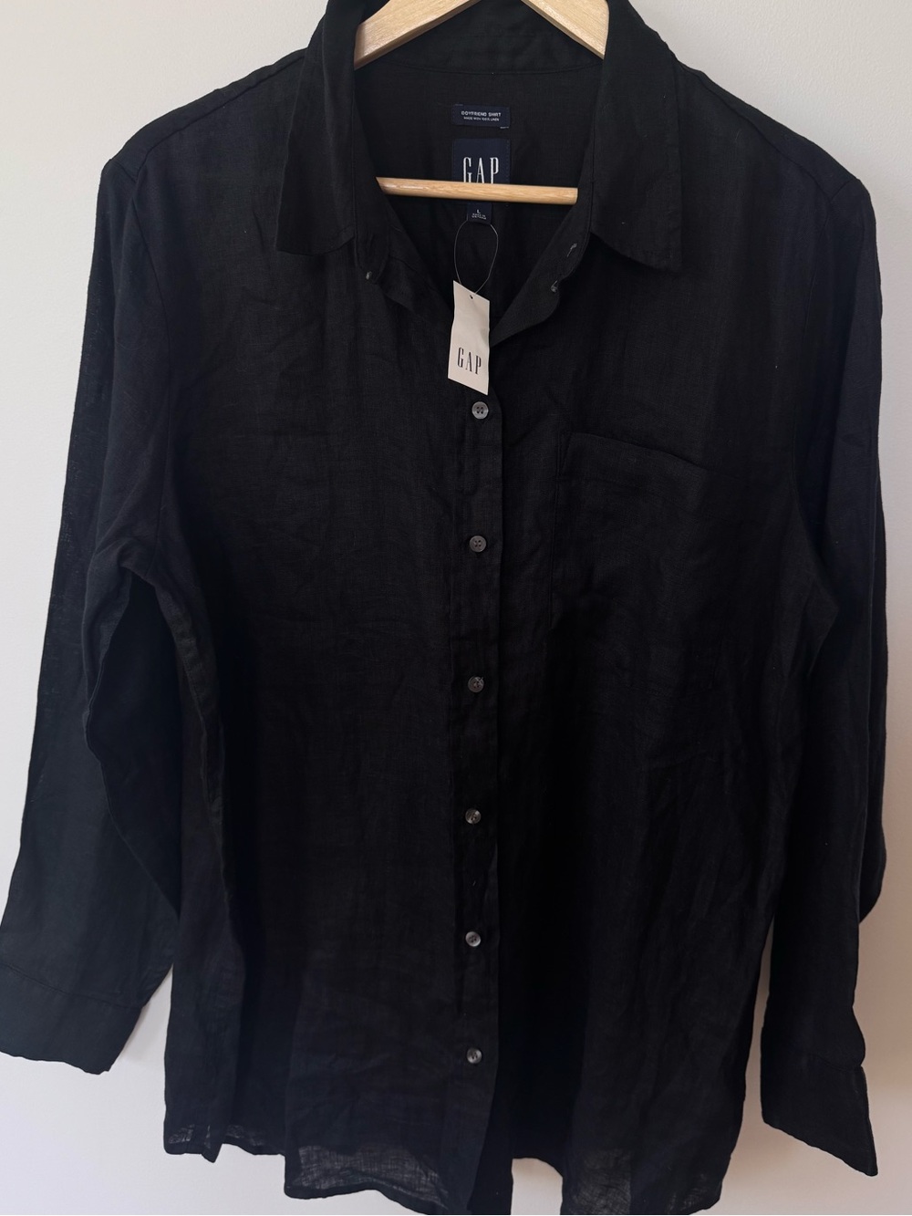 NWT Gap 100% Linen Boyfriend Shirt Black Button Front Women’s Large